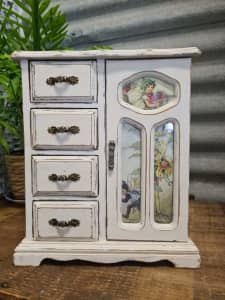 Vintage wooden small jewellery jewelry box cabinet drawer mirror White