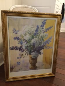 Painting /print of phlox and delphiniums in gorgeous gold frame