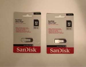 Two (2) New, Authentic SanDisk Ultra Flair 32GB USB 3.0 Flash Drives