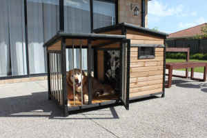 Large Wooden Dog House - Balcony Door Curtains Storage for Pet Beagle