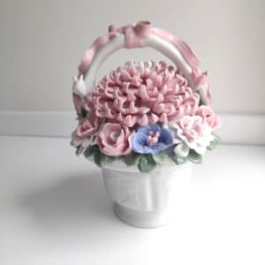Ceramic Flower Basket Pastel Colours White Basket 16cm Pink Dahlia