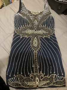 Sz Small 6-10 Navy Dress adorned w/ Beads, Sequins & Pearls
