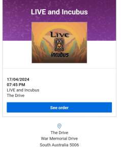 2 seated Tickets to INCUBUS and LIVE Adelaide