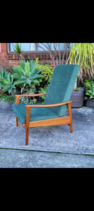 Parker reclining teak armchair, restored and reupholstered 