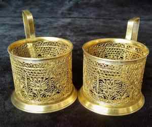 Vintage Bronze Soviet Filigree Tea Glass Holders (podstakannik)