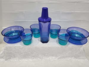 TUPPERWARE BLUE ILLUSIONS NEW CUPS, BOWLS & LIDS & COCKTAIL SHAKER