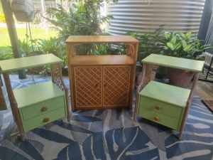 THREE PIECES. Cane wicker buffet stand with 2x side tables storage