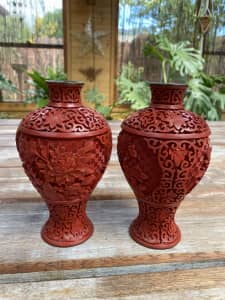 Vintage Chinese Antique Genuine Carved Cinnabar Vases