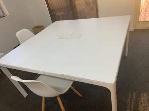 White Ikea table: 140cm x 140 cm x 74 cm high