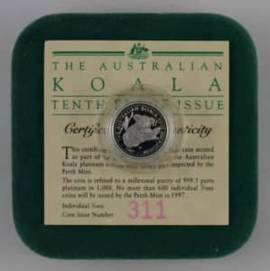 Australia - 1997 - 1/10oz Platinum $15 Coin - Koala box and coa