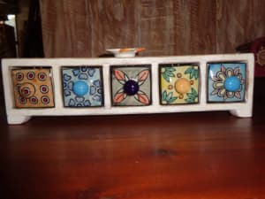 5 Hand Painted Ceramic Drawers in Timber Whitewash Frame
