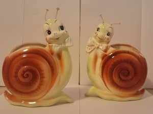 Rare Vintage 1950s Enesco Snails, ceramic PAIR Indoor Vases