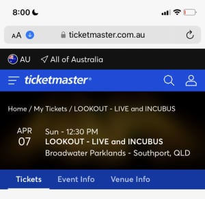 Live and Incubus ticket @ Gold Coast 7 April.