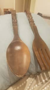 Large vintage spoon and fork hand carved in the Philippines 