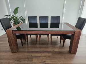 Zuma Dinning Table 2100 Wooden Glass Top with 6 Black Leather Chairs