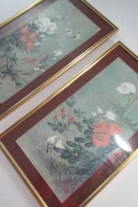 2 Chinese Asian Prints behind Glass Wood frame Vintage Floral