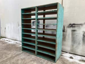 Vintage Wooden Pigeon Hole Industrial Shelf Unit