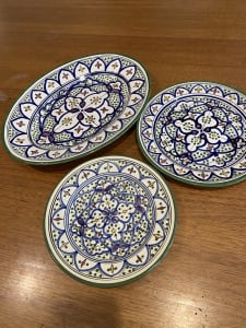 3 Moroccan or Spanish style hand painted plates platters
