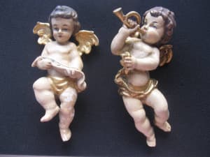 Vintage Pair of Carved Wood Cherubs Putto Germany Angels