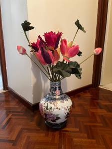 Vintage Chinese Ornate Floral Vase and Vase Base Stand