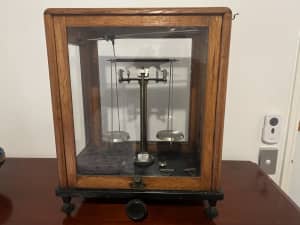 Antique Scale Set in Cabinet- Beautiful Display Piece