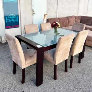 Modern Wooden Dining Table with Tempered Glass 6 Chairs Set