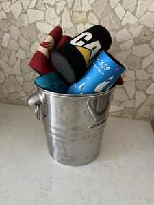 Stainless steel ice/wine/beer bucket with assorted stubby holders