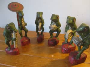 6 x Vintage Balinese Wood Carvings (Frog Band) Signed Dated(1975)RARE