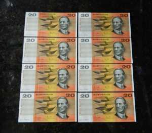 Australia Bank Notes-8 x Consecutive $20 AUNC 1979 Knight/Stone