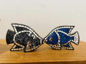 Pair mirror and glass mosaic fish, in good condition, $15 for both