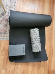 yoga mat, sport, massage roller and yoga brick