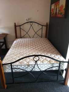 Wooden and Cast Iron Double Bed with Mattress