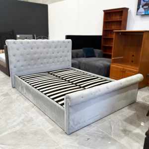 Elegant & Functional Light Grey Velvet Fabric Queen Gas Lift Bed Frame