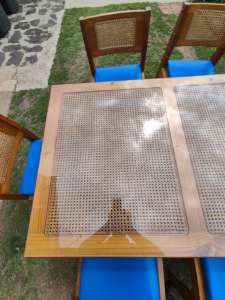 Glass Top Pine Table With 6 Pine Chairs