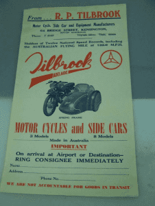 1950's Tilbrook Adelaide motorcycle sidecar & equipment poster tag