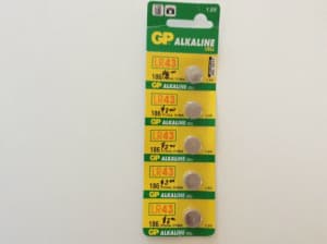 GP Alkaline LR43 (186, V12GA, D186A) 1.5V Battery - Card of 5