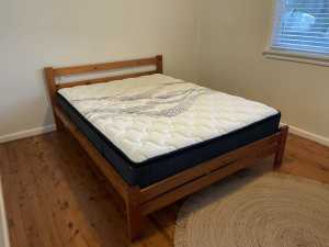 Queen wooden bed frame and mattress