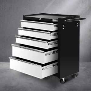 5 Drawer Mechanic Tool Box Cabinet Storage Trolley - Black & Grey...
