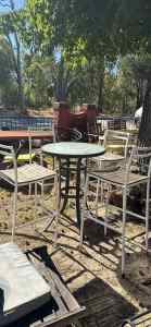 Old round bar height glass top outdoor table with 4 metal stools