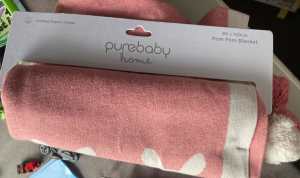 Purebaby Home pink bunny Pom Pom rug blanket new tags