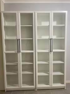 2 x White Bookcase with Glass Doors and Black Handles