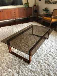 Mid-century Tessa large bentwood and dark glass coffee table
