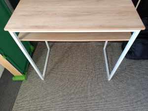 desk, light wood and metal white legs