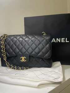 Chanel Classic Large 11’ Grained Calfskin Chain Shoulder Bag Black