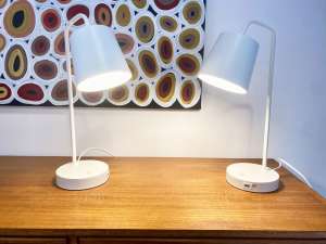 As new white bedside or desk table lamps