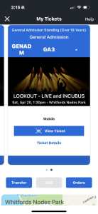 2X Tickets to Lookout Concert (Live and Incubus) 20 April (tomorrow!)