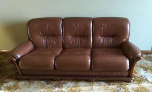 Brown Leather and Timber Sofa / Couch