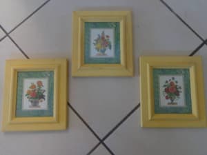 Set of 3 Floral Prints in Mustard Timber Frame