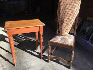 Vintages Small Table and Carved Wooden Chair