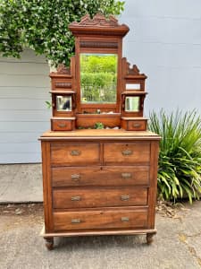Antique Victorian Dresser with Drawers, Mirror and carved Details